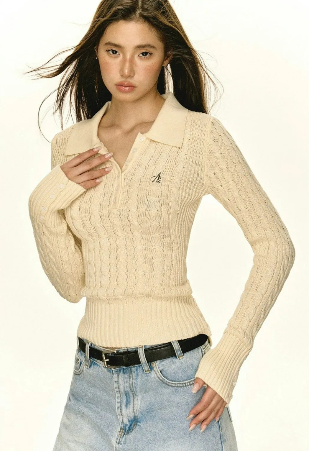 Half-Button Cable Knit Collared Pullover