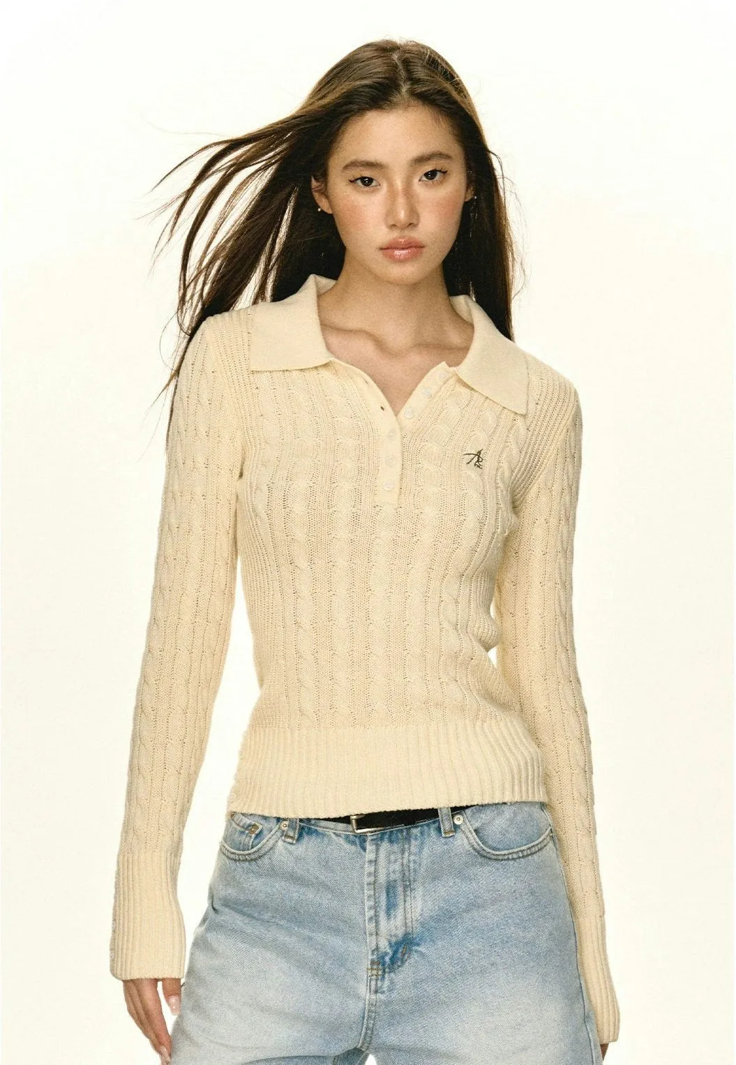 Half-Button Cable Knit Collared Pullover