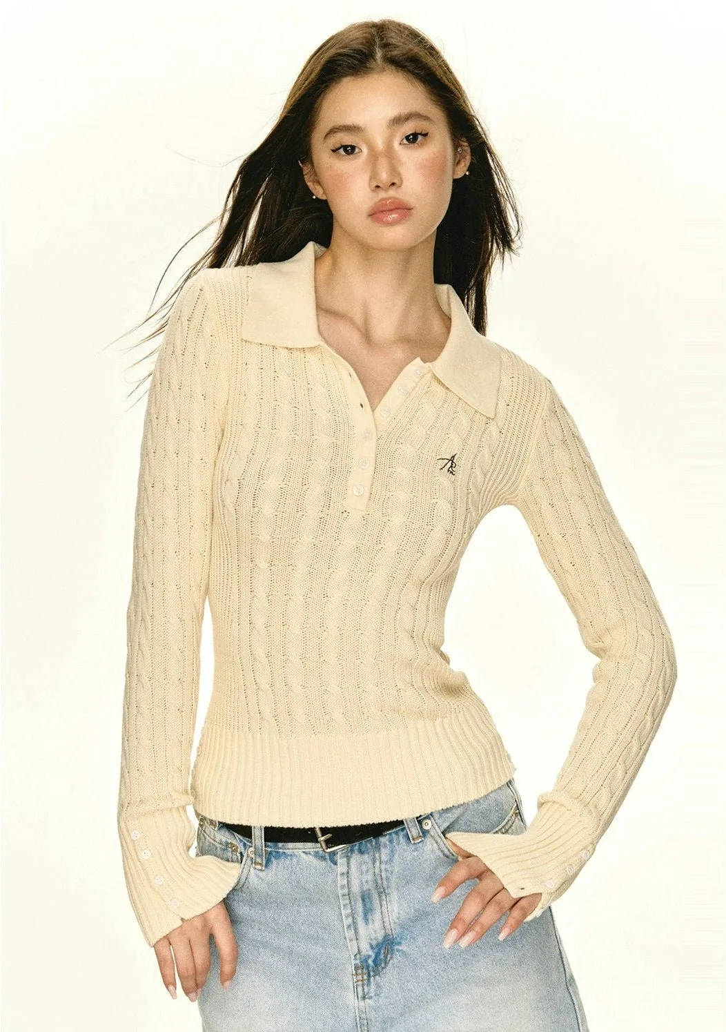 Half-Button Cable Knit Collared Pullover