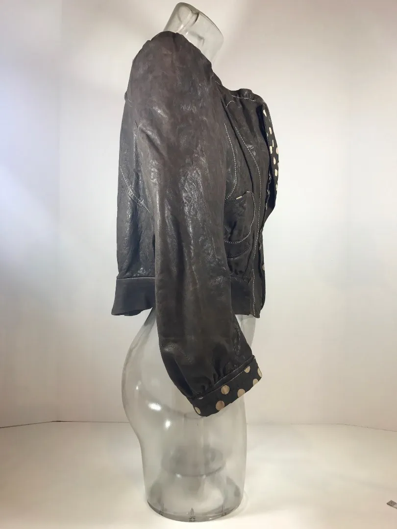 HANII Y Dark Brown Leather Jacket w/ Polka Dot Trim Size 40