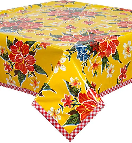 Hawaii Yellow Oilcloth Tablecloth with Red Gingham Trim You Pick the Size