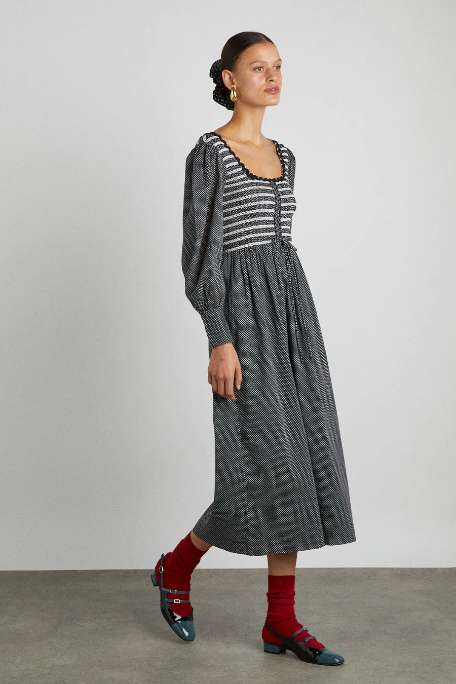 hermione shirred midi dress - pin dot