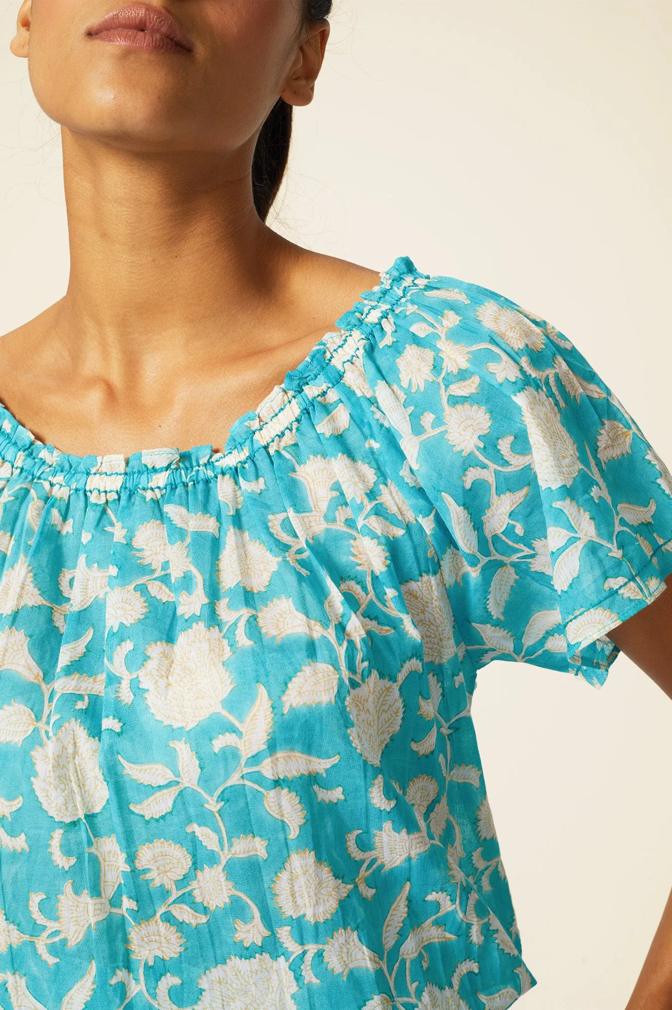 Ilana Block Print Organic Cotton Top | Turquoise