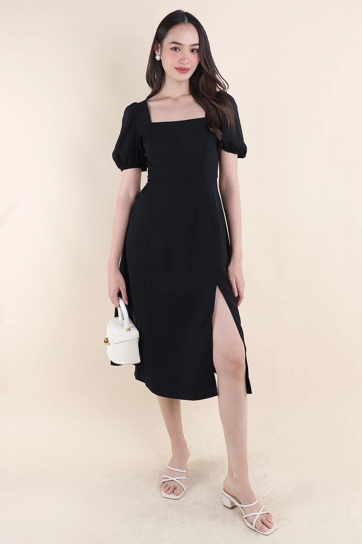 JANELYN SLEEVE MIDI DRESS IN BLACK