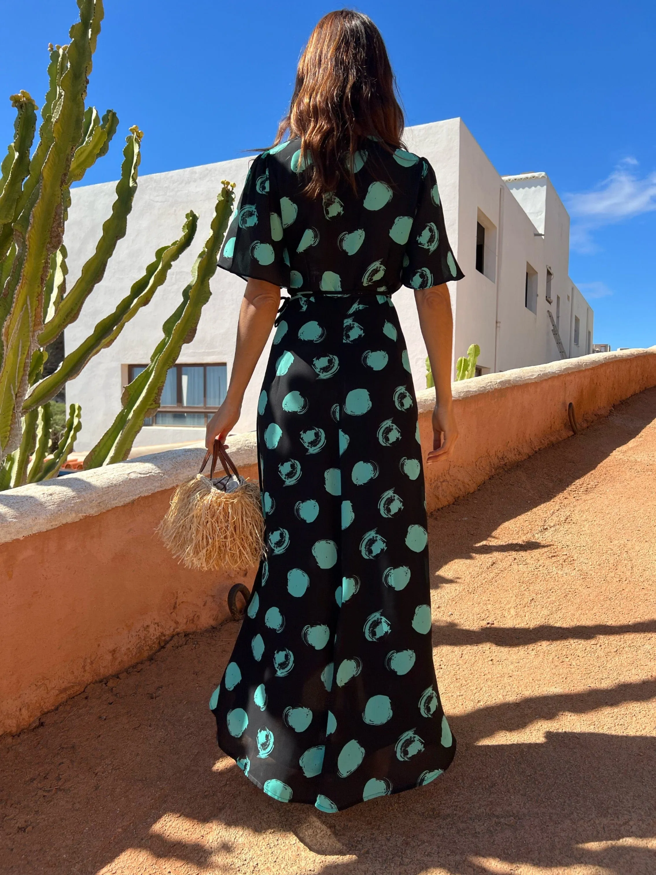 Jenna Maxi Dress In Green On Black Dot