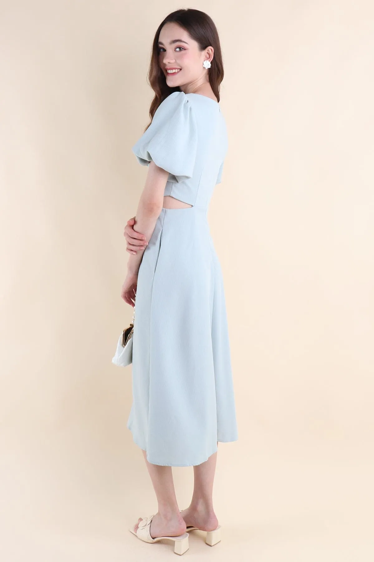 JEVONIA KNOT LINEN CUT-OUT DRESS IN MINT SKY