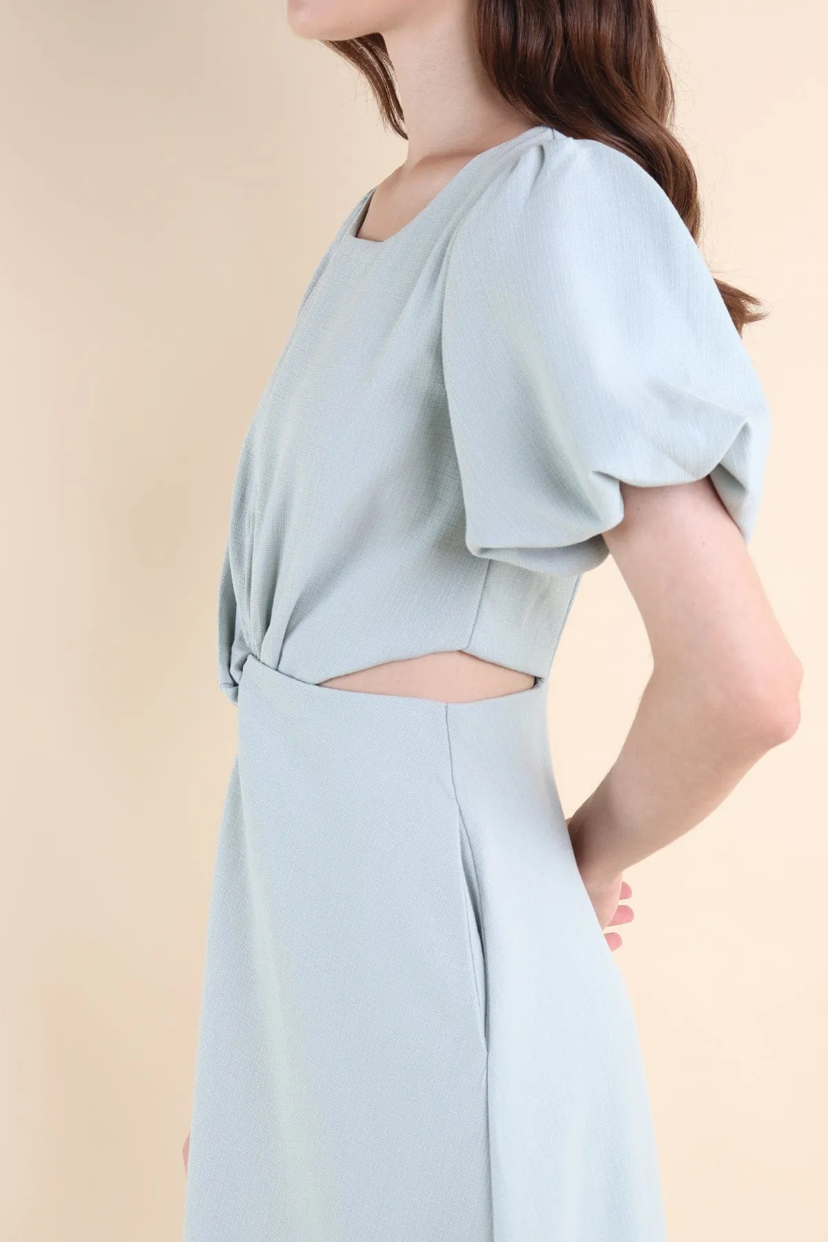 JEVONIA KNOT LINEN CUT-OUT DRESS IN MINT SKY