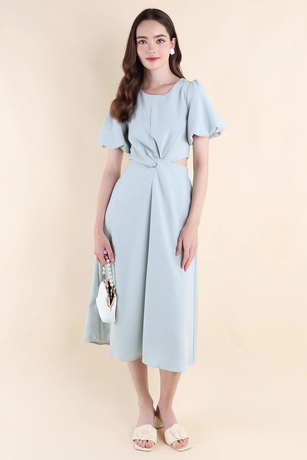 JEVONIA KNOT LINEN CUT-OUT DRESS IN MINT SKY