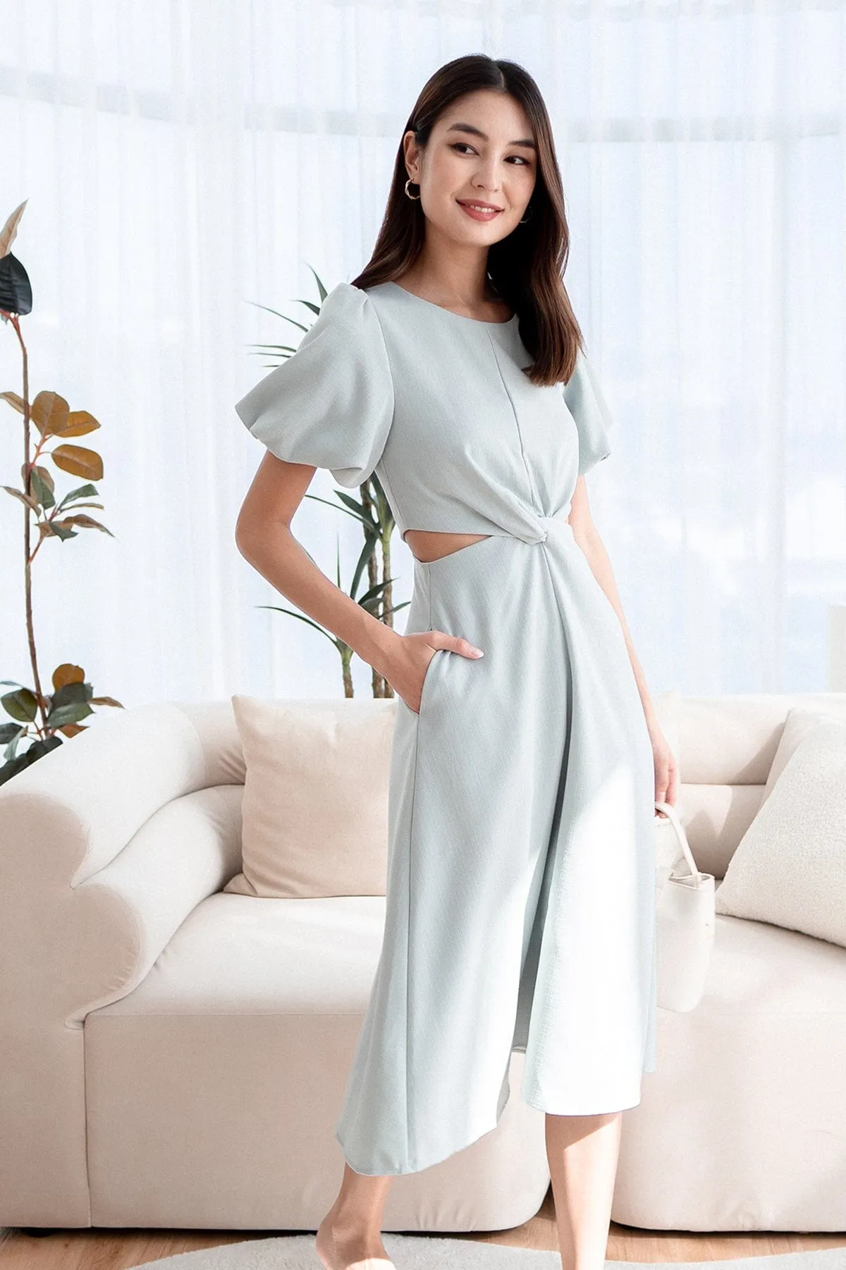 JEVONIA KNOT LINEN CUT-OUT DRESS IN MINT SKY