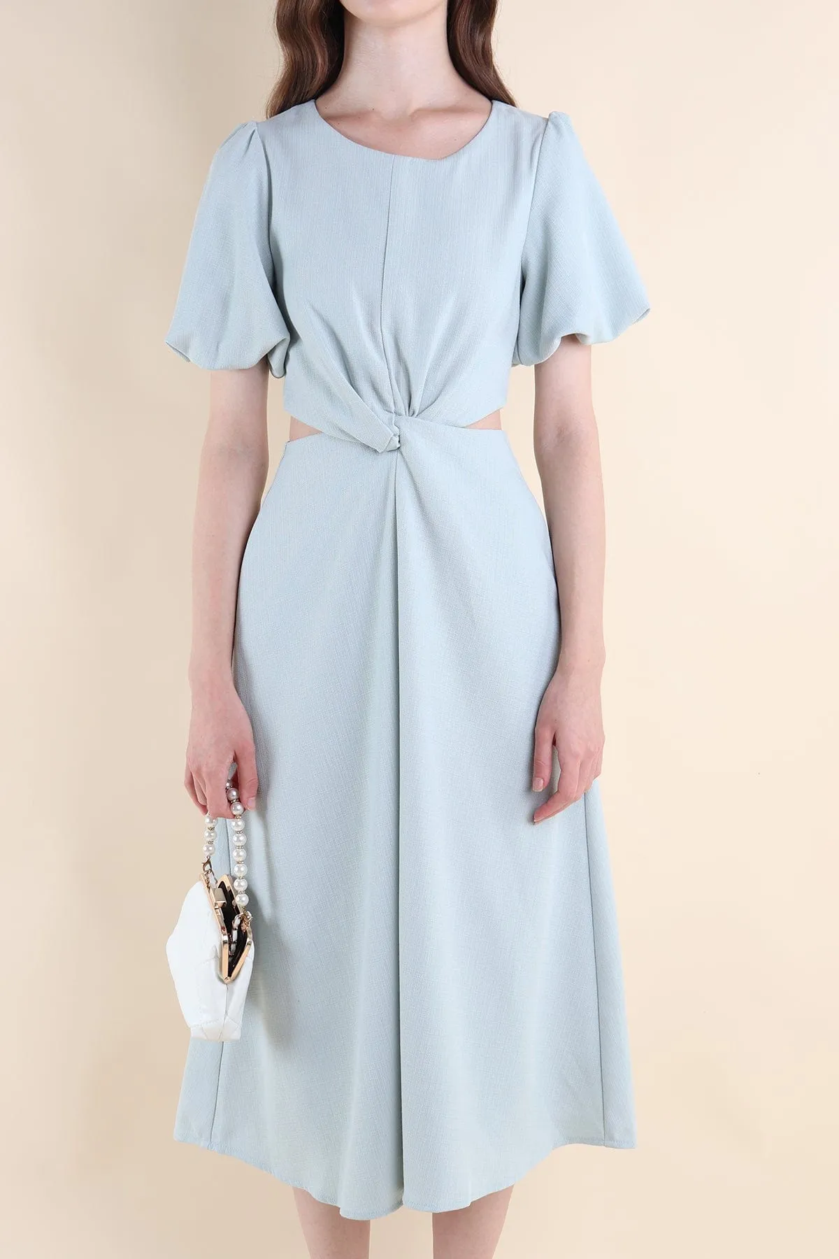 JEVONIA KNOT LINEN CUT-OUT DRESS IN MINT SKY