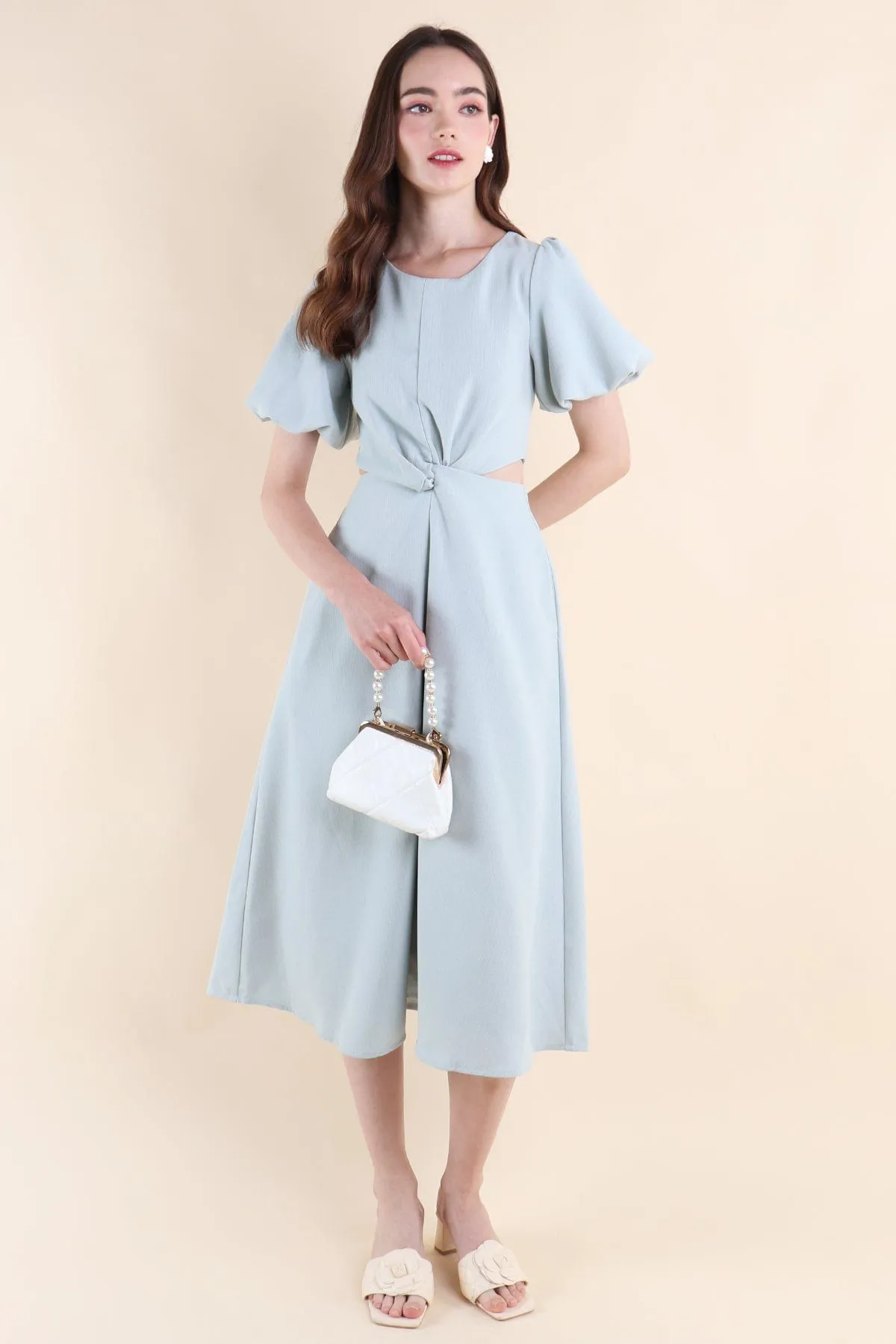 JEVONIA KNOT LINEN CUT-OUT DRESS IN MINT SKY