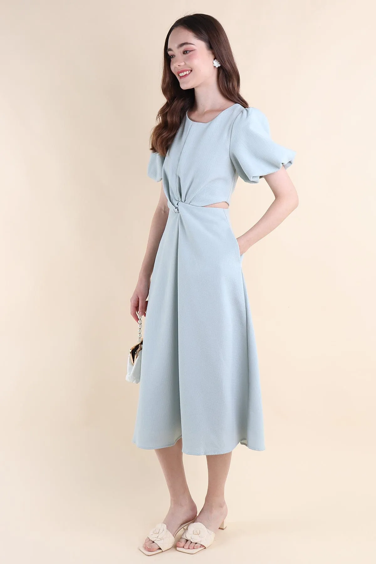 JEVONIA KNOT LINEN CUT-OUT DRESS IN MINT SKY