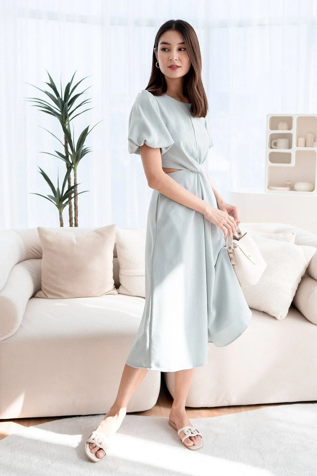 JEVONIA KNOT LINEN CUT-OUT DRESS IN MINT SKY