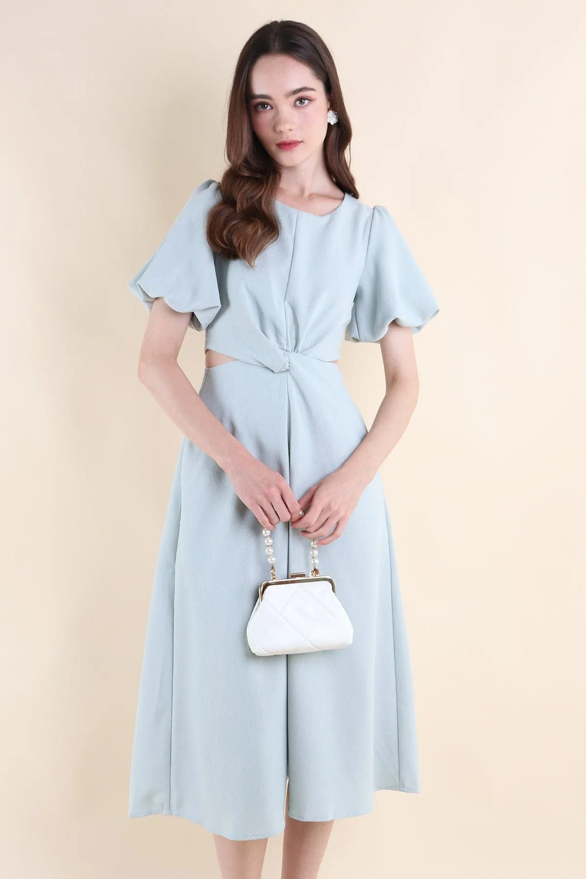 JEVONIA KNOT LINEN CUT-OUT DRESS IN MINT SKY