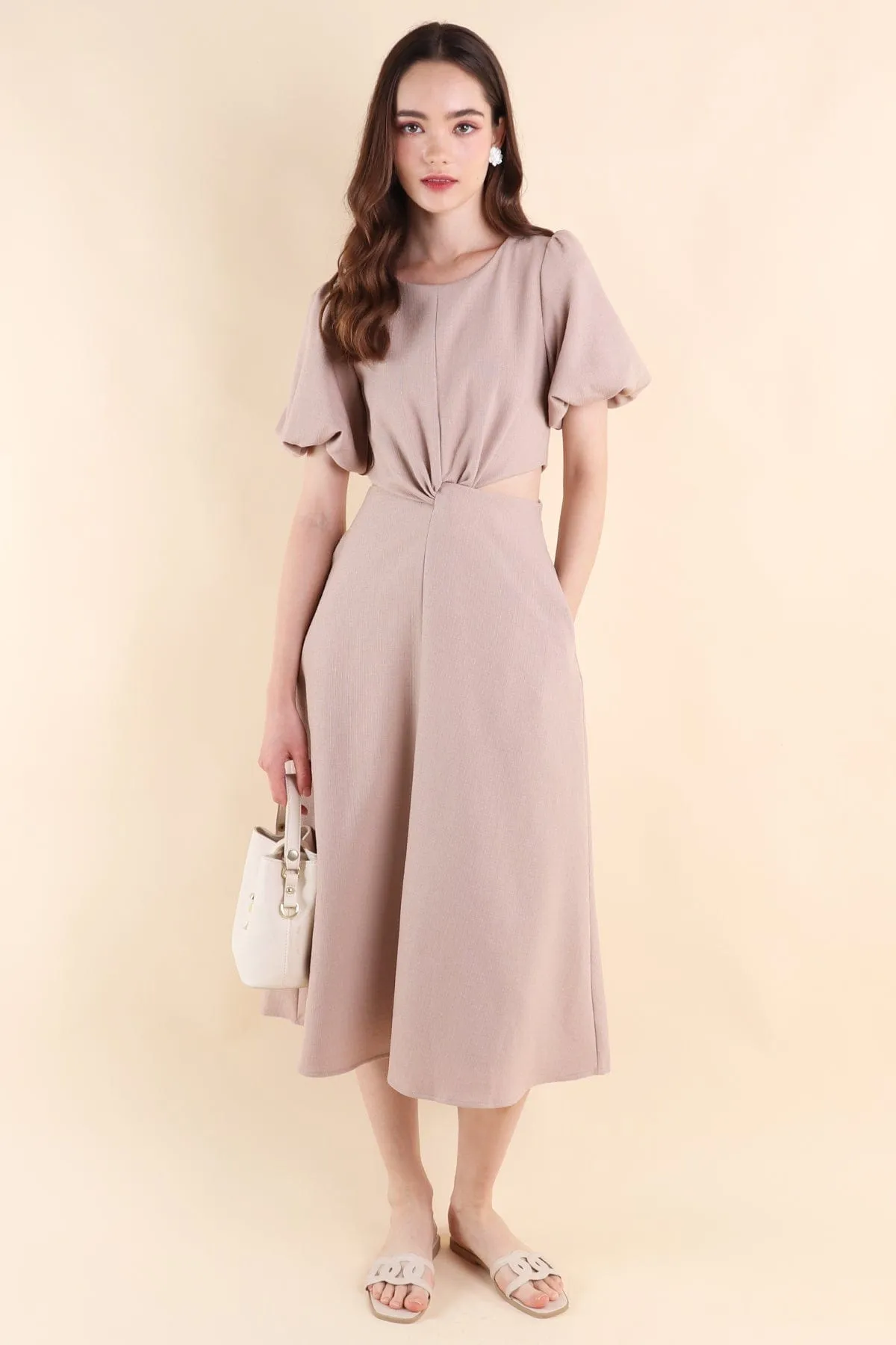 JEVONIA KNOT LINEN CUT-OUT DRESS IN WALNUT