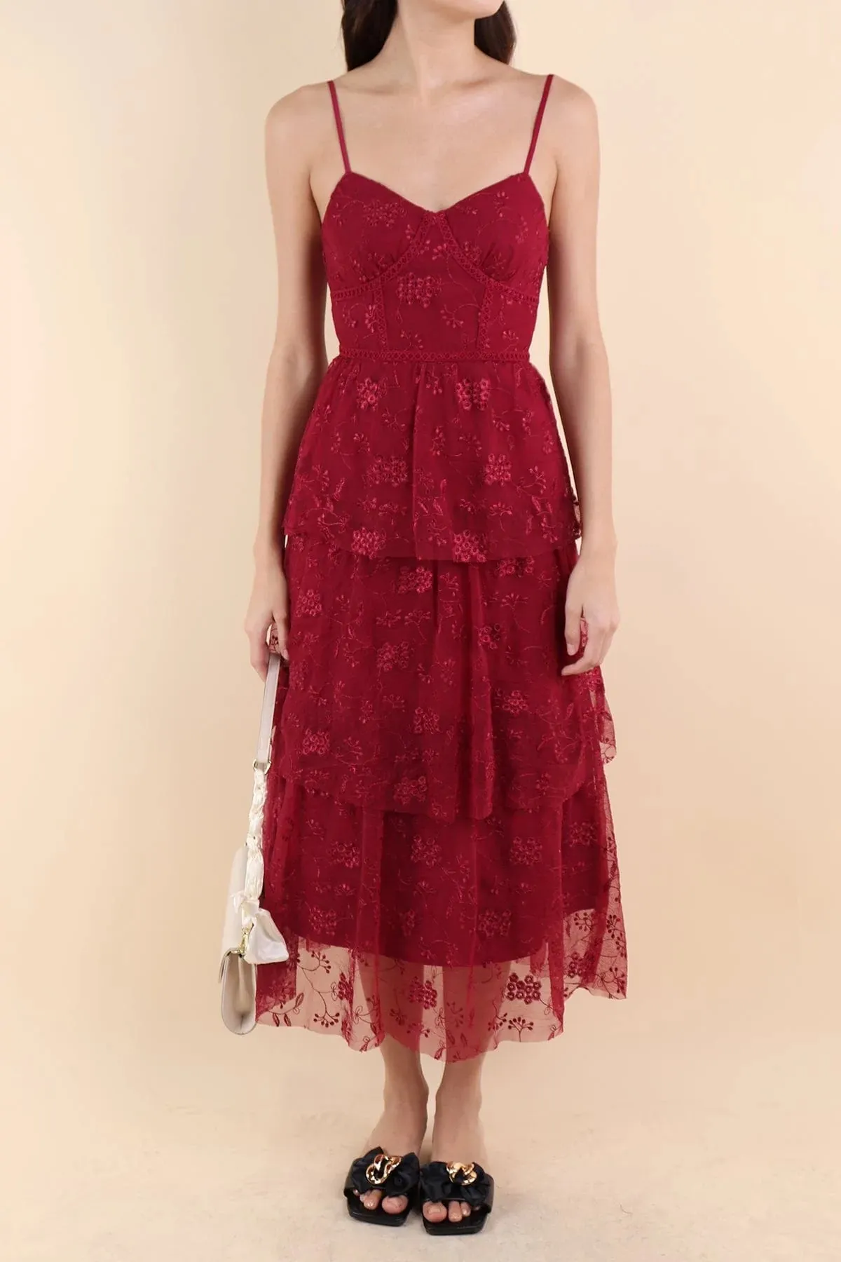 LA VIE MESH LACE MAXI DRESS IN WINE