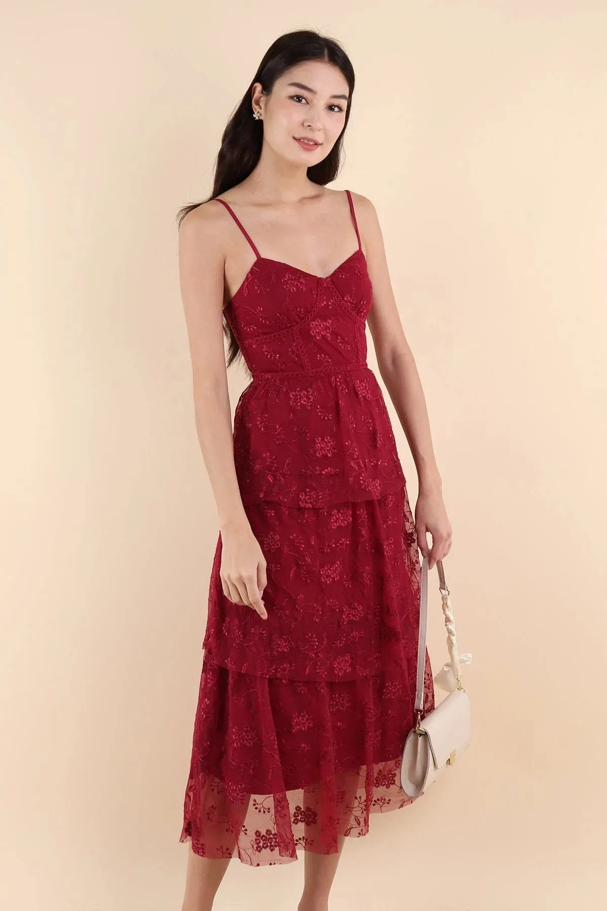 LA VIE MESH LACE MAXI DRESS IN WINE