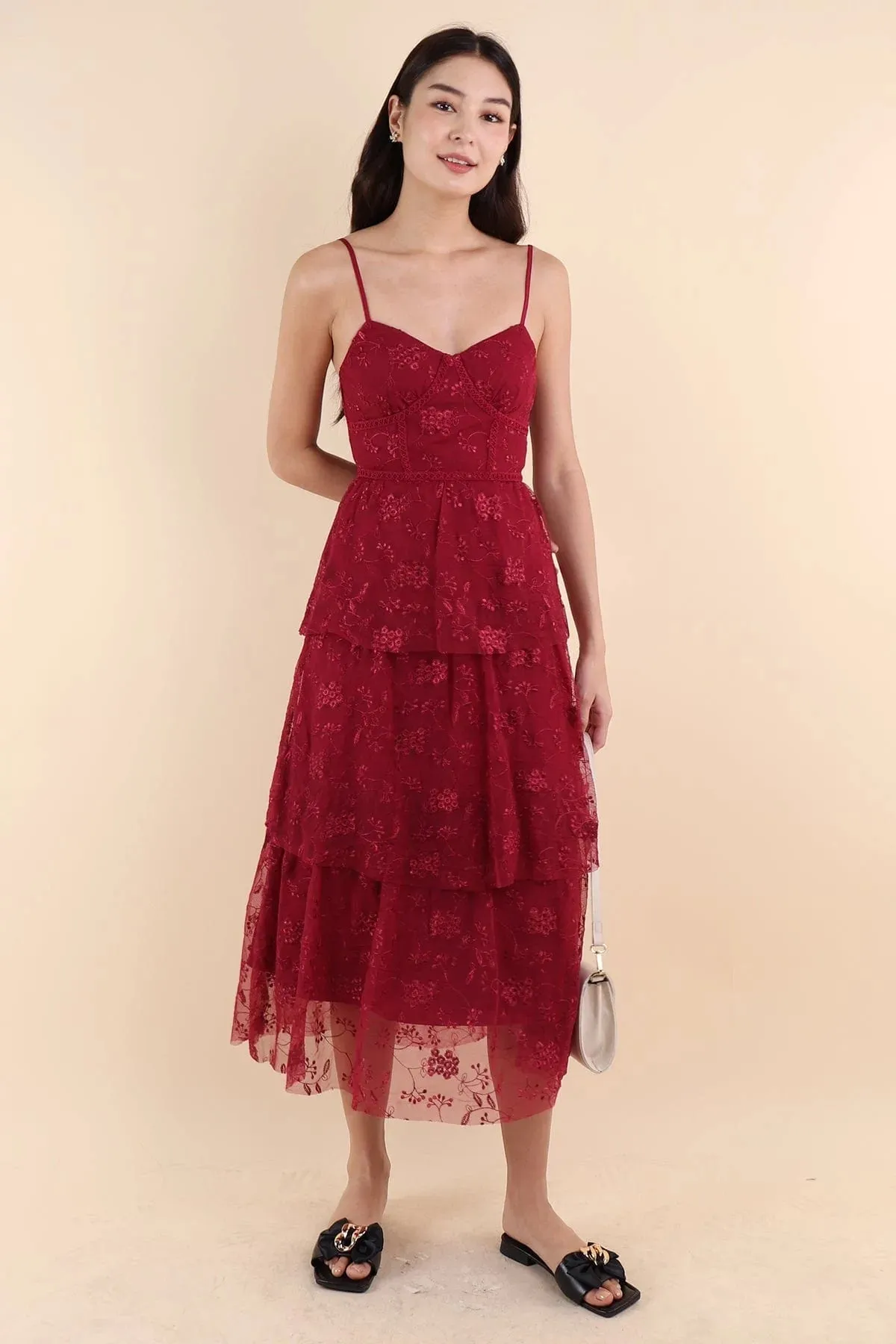 LA VIE MESH LACE MAXI DRESS IN WINE