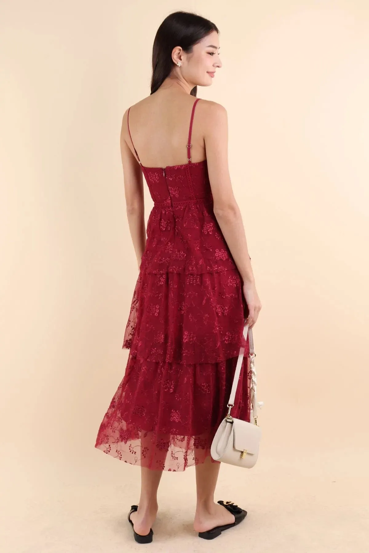 LA VIE MESH LACE MAXI DRESS IN WINE