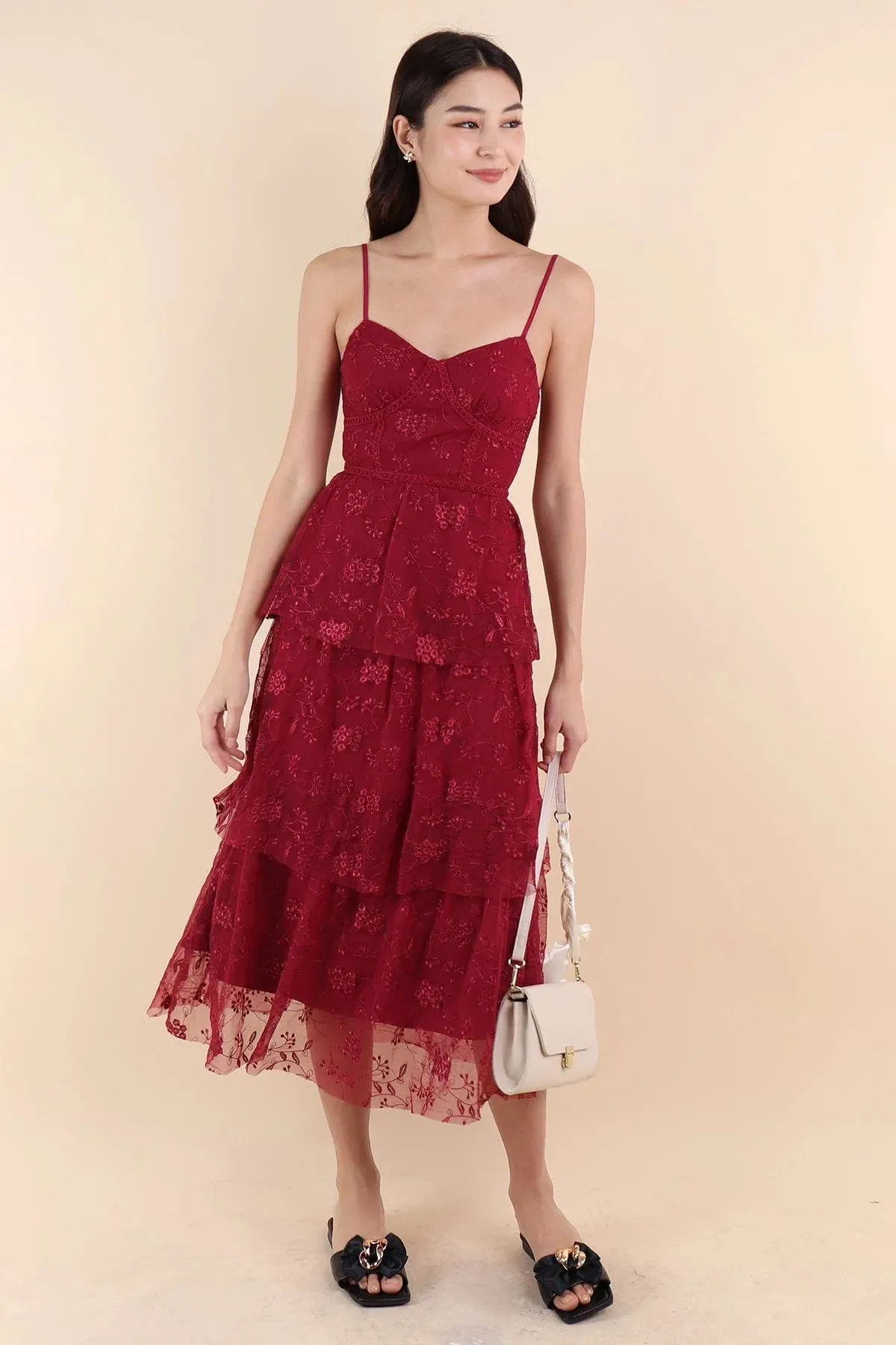 LA VIE MESH LACE MAXI DRESS IN WINE