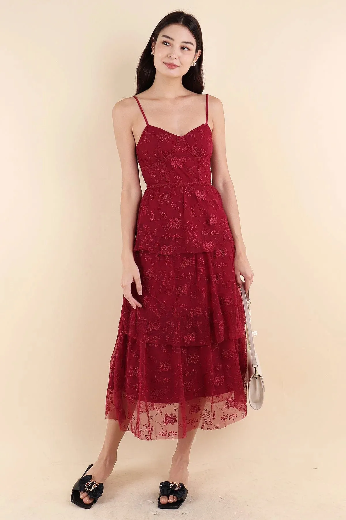 LA VIE MESH LACE MAXI DRESS IN WINE