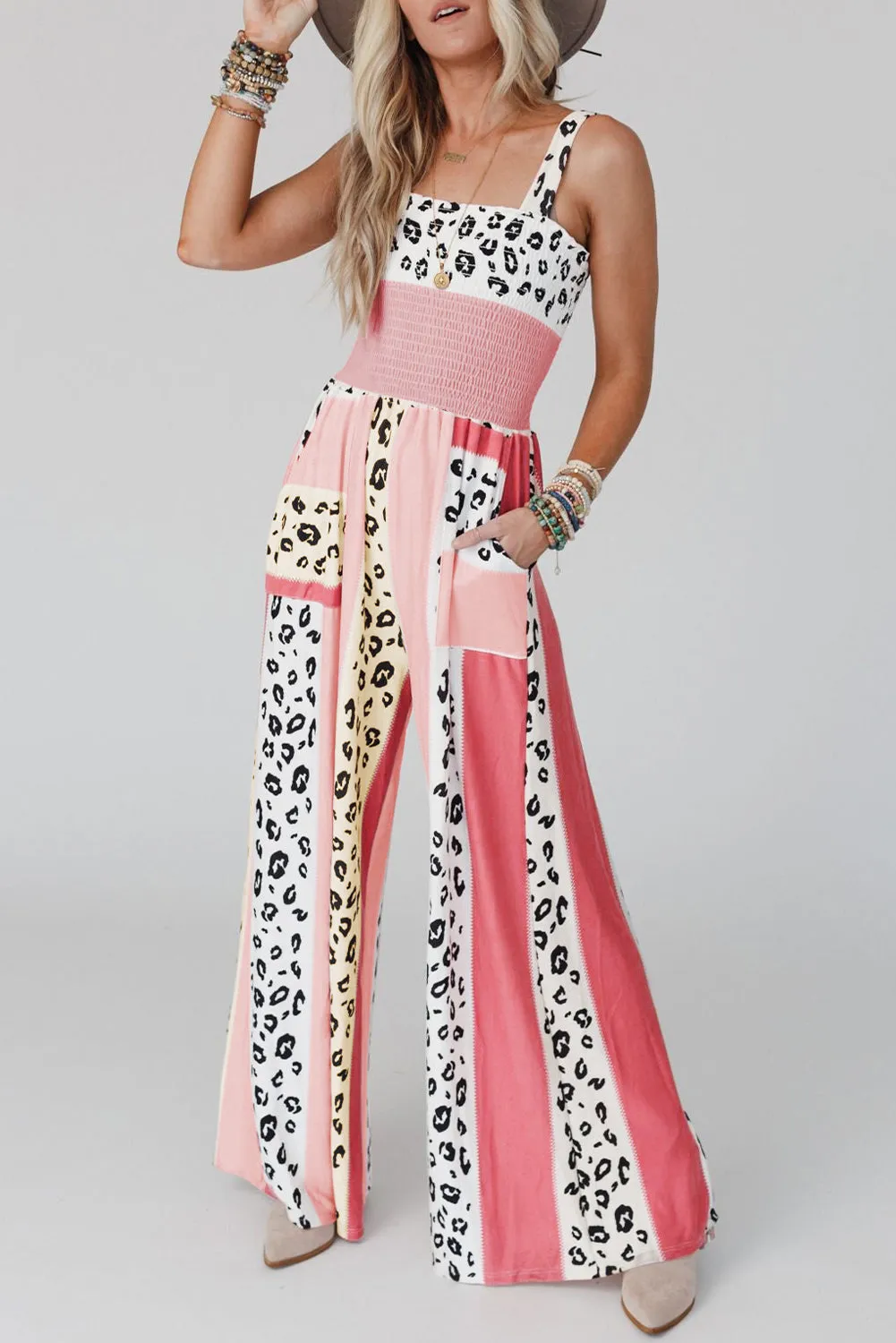 Leopard Color Block Mix Print Pocketed Jumpsuit