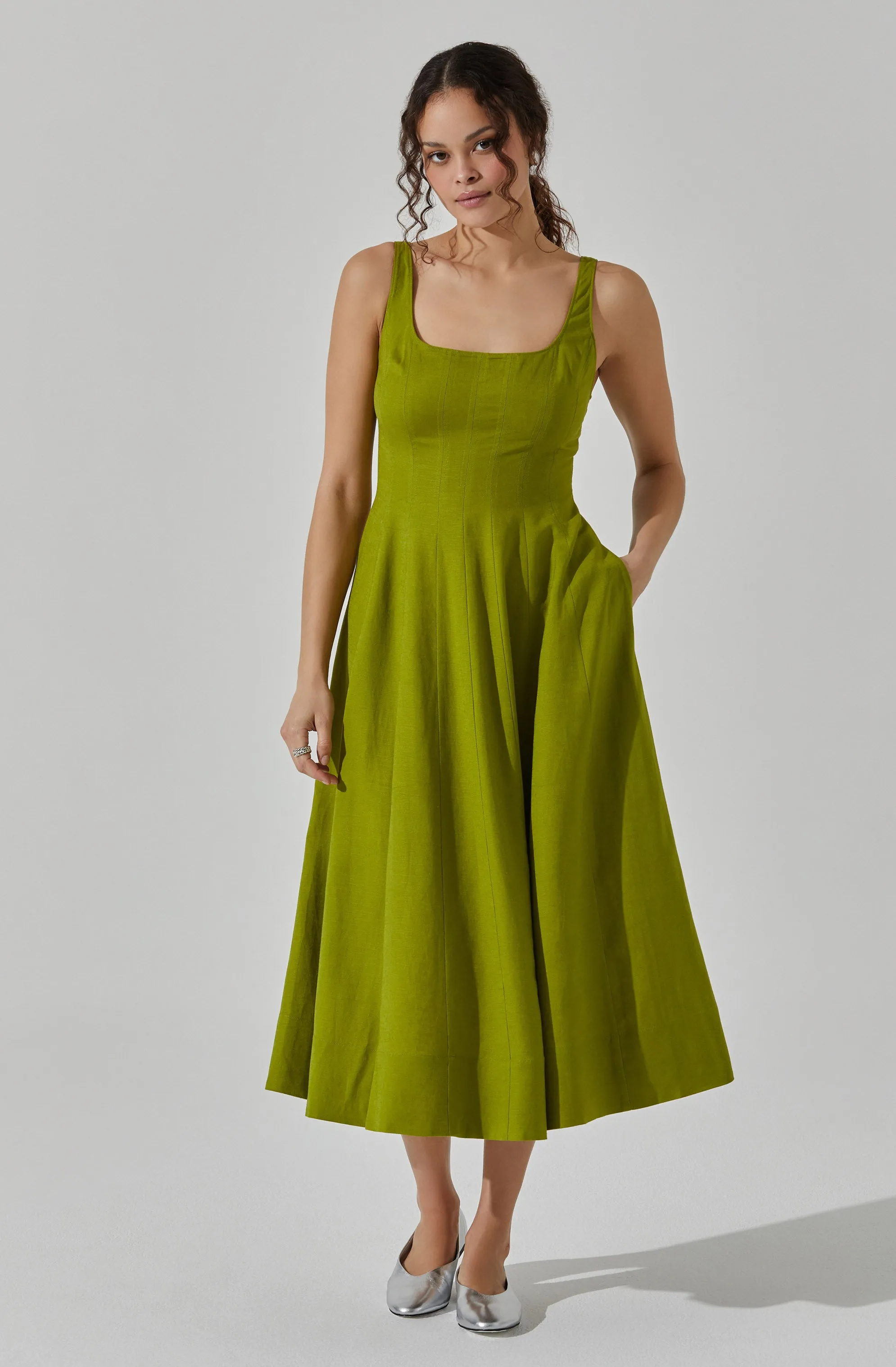 Linen Square Neck Midi Dress