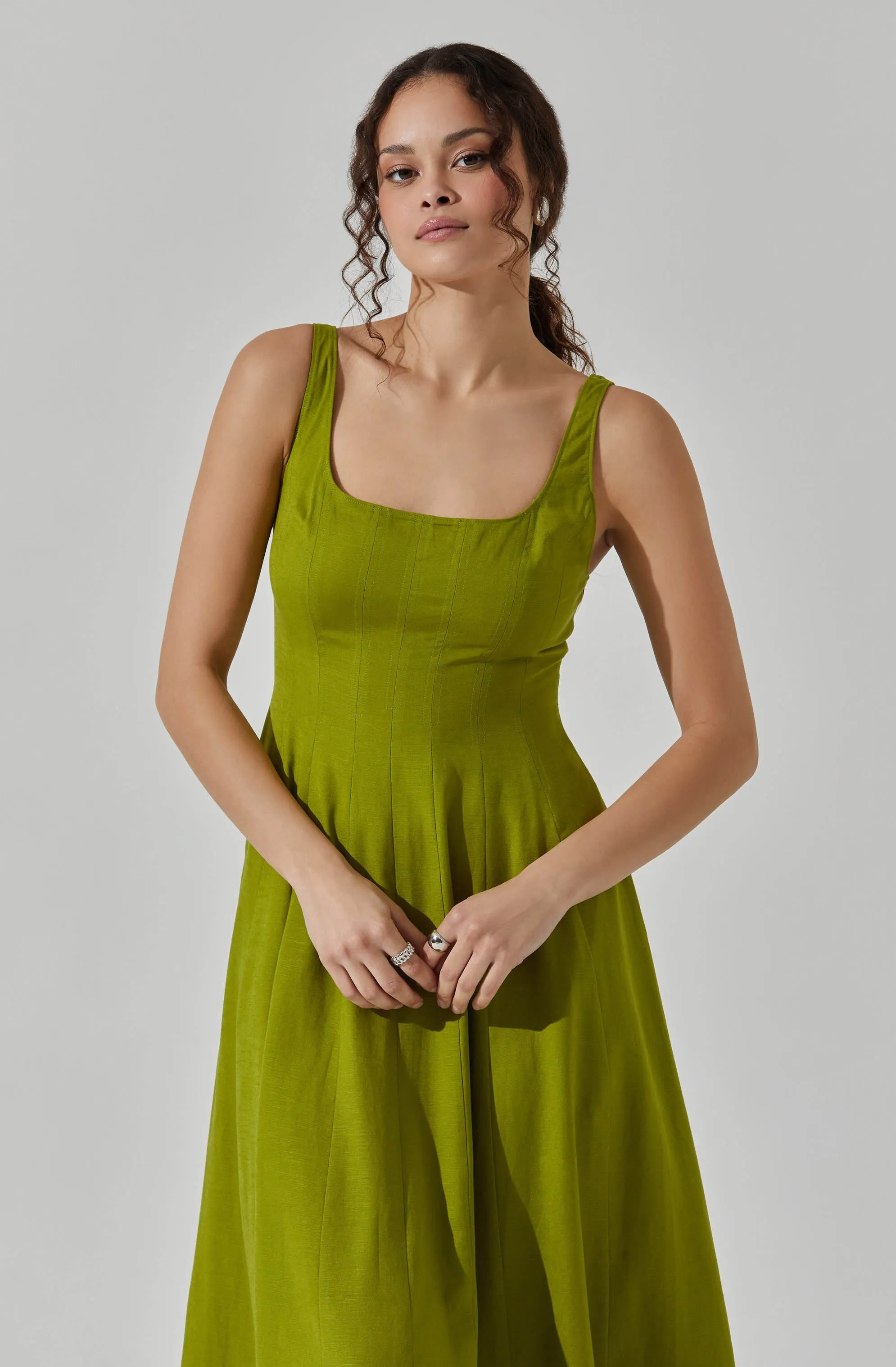 Linen Square Neck Midi Dress