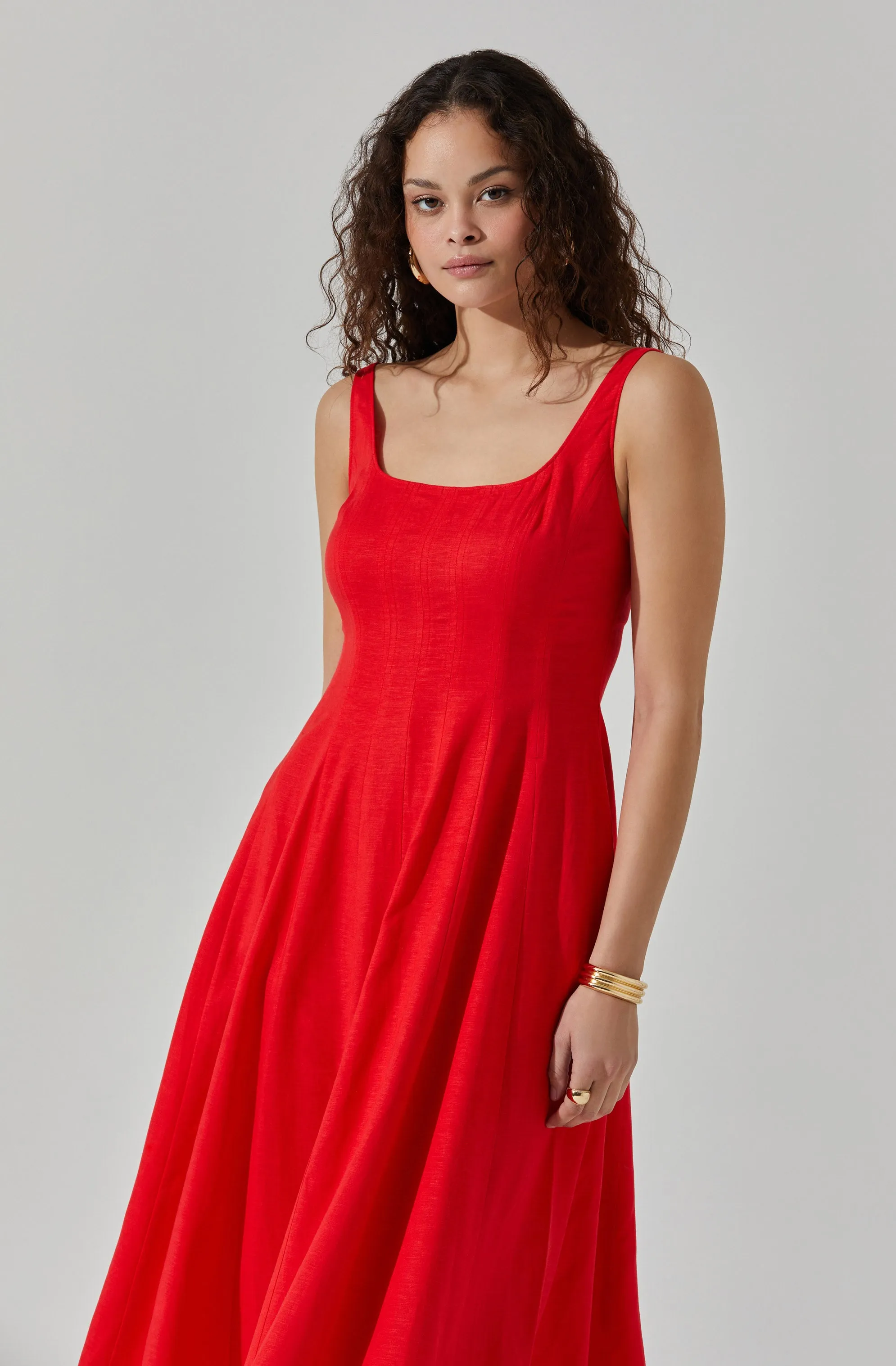 Linen Square Neck Midi Dress