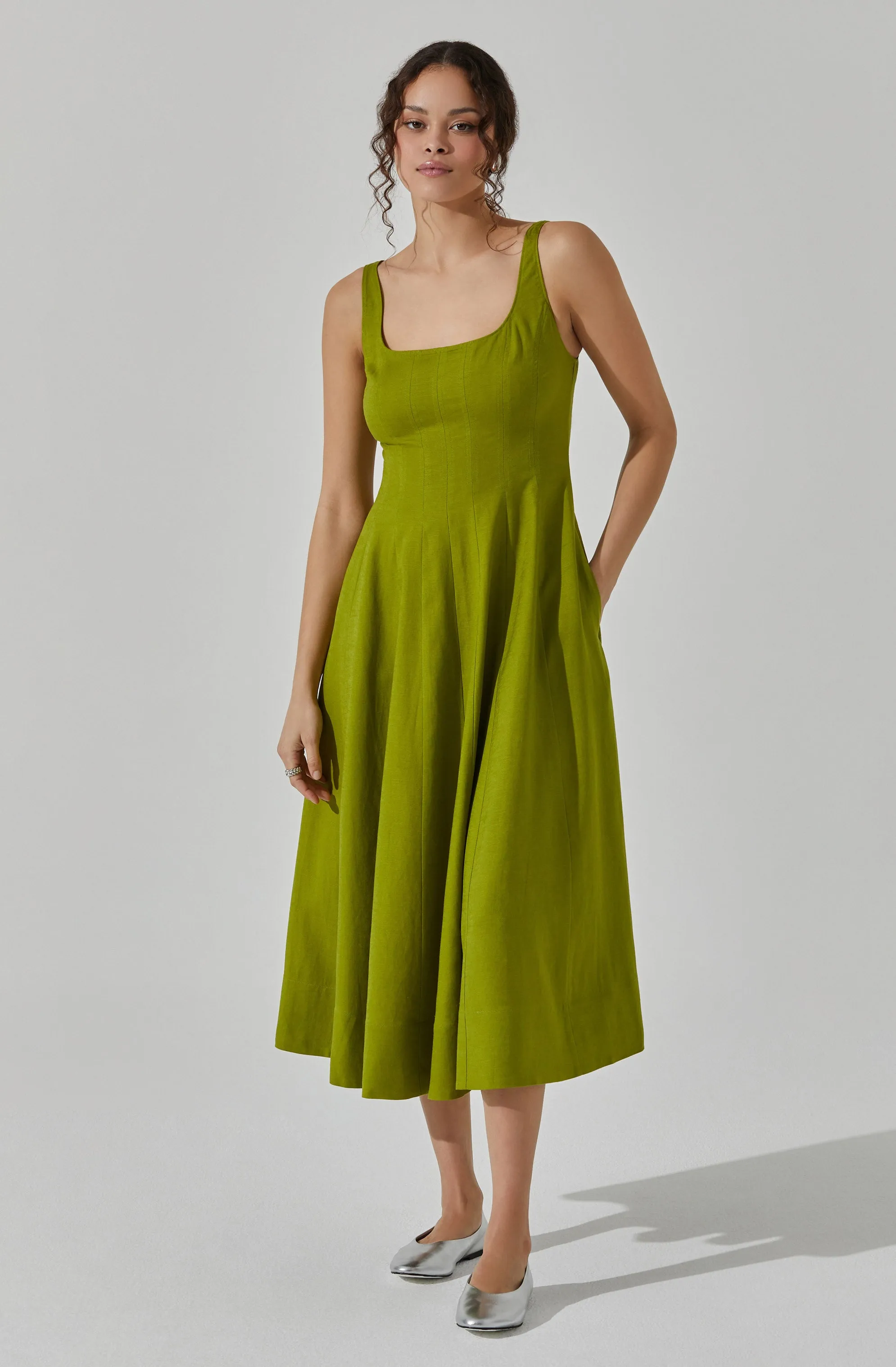 Linen Square Neck Midi Dress