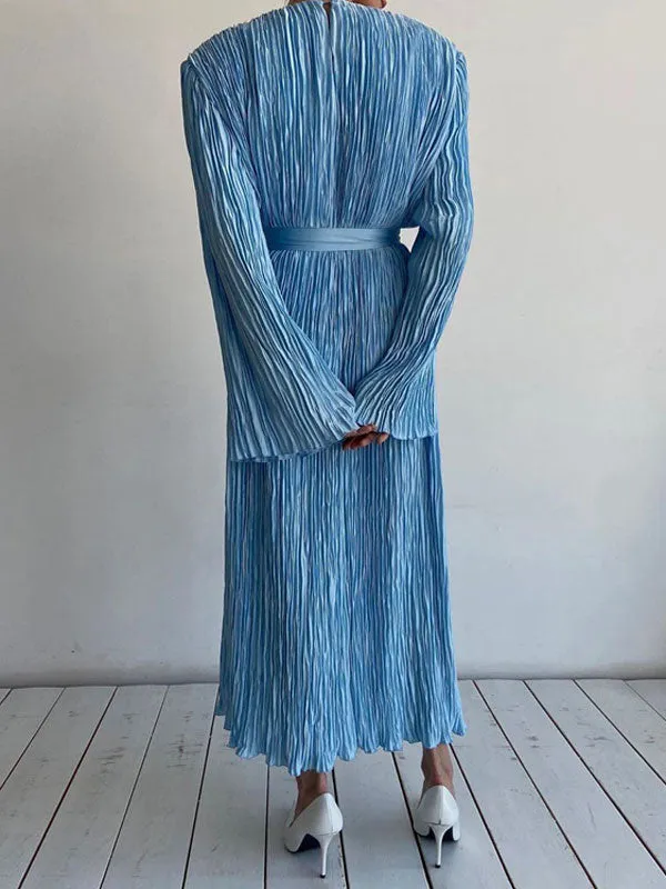 Long Sleeve Blue Pleated Midi Dress