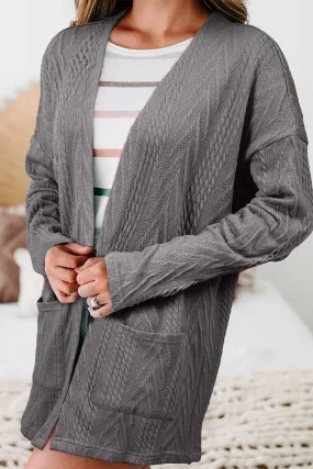 Medium Grey  Solid Textured Open Front Cardigan with Pocket