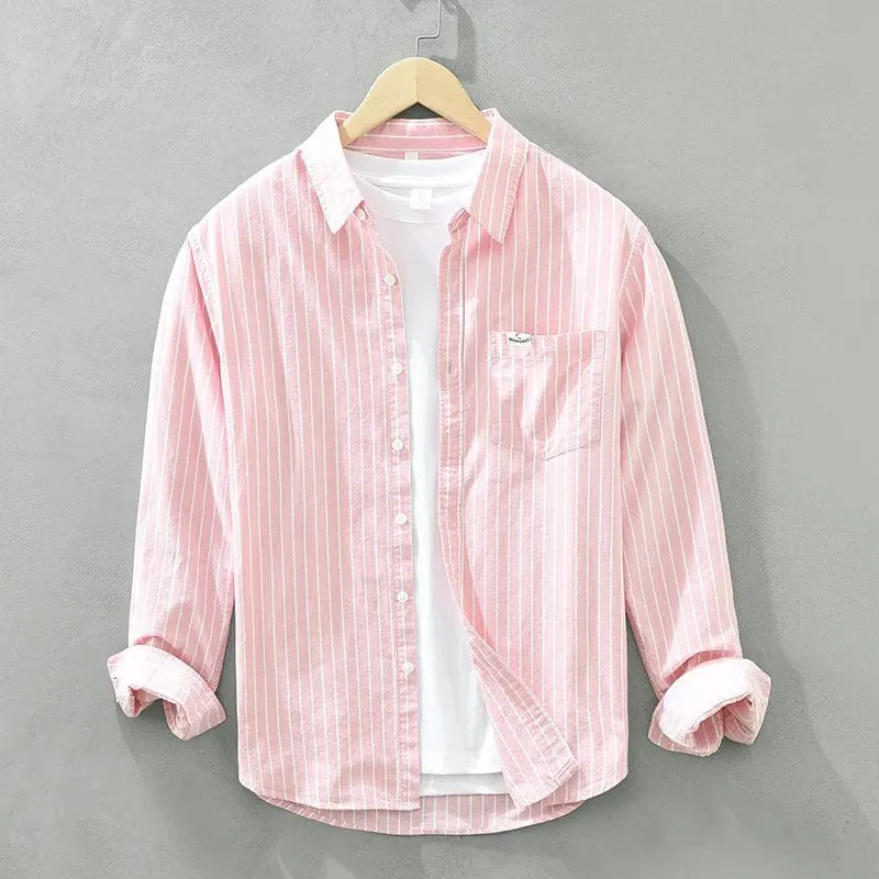 Men's Cotton Striped Oxford Shirt | Long Sleeve Non-Elastic Loose Fit Fashion | Casual Men's Clothing