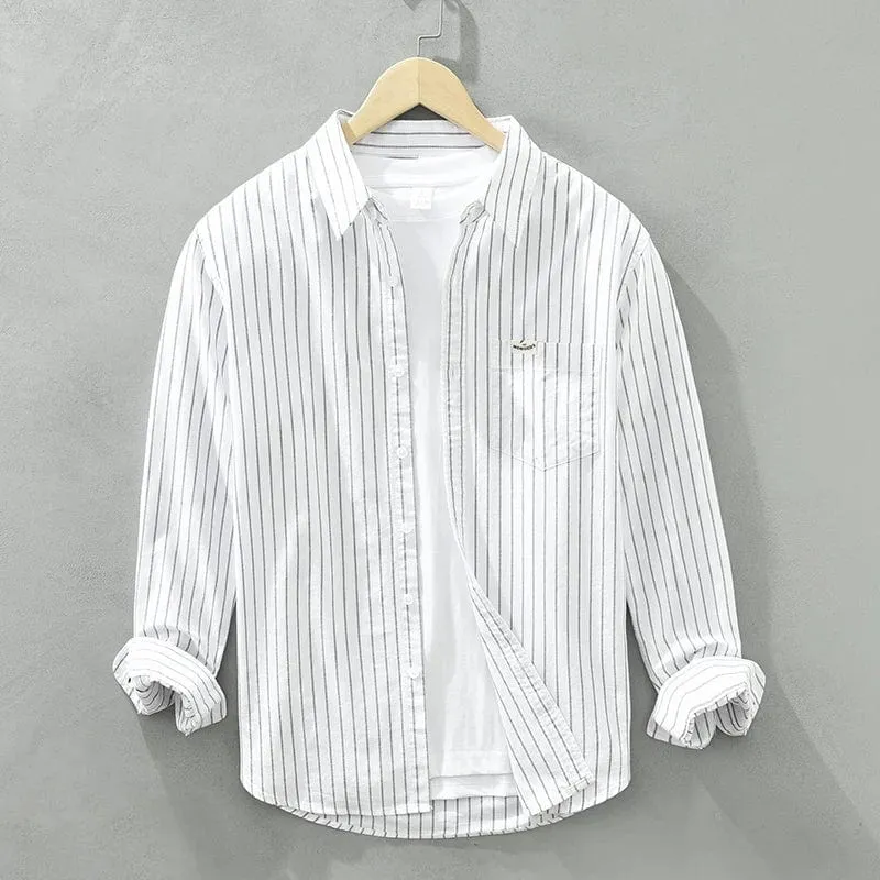 Men's Cotton Striped Oxford Shirt | Long Sleeve Non-Elastic Loose Fit Fashion | Casual Men's Clothing