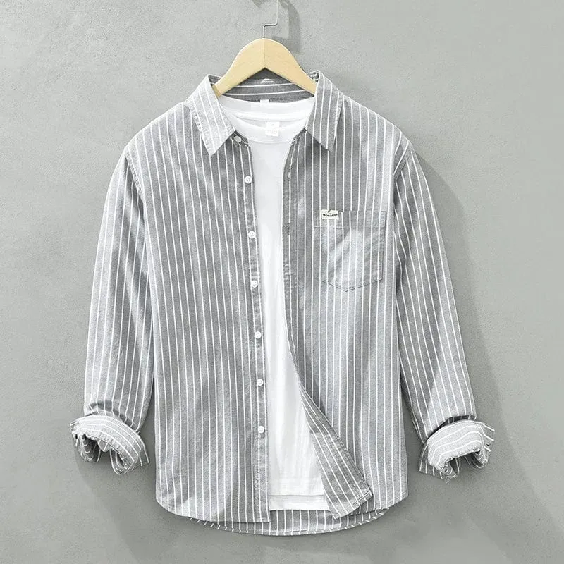 Men's Cotton Striped Oxford Shirt | Long Sleeve Non-Elastic Loose Fit Fashion | Casual Men's Clothing