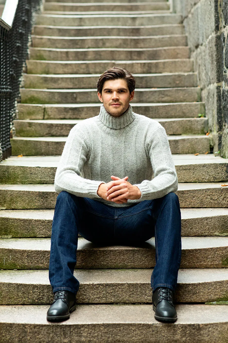 Mens Needle Rib Polo Neck Jumper  - Limestone