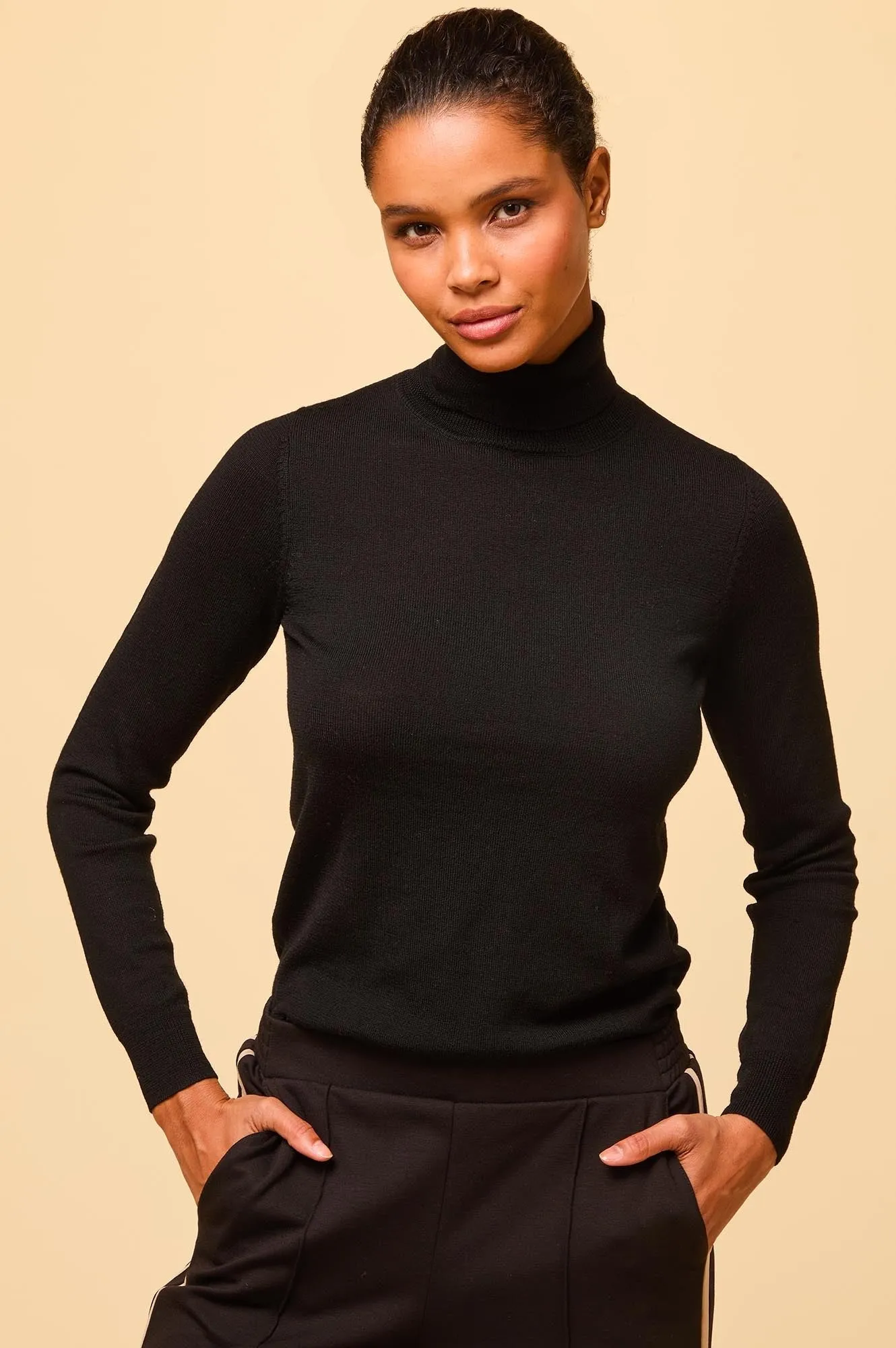 Merino Wool Polo Neck Base Layer | Black/Taupe