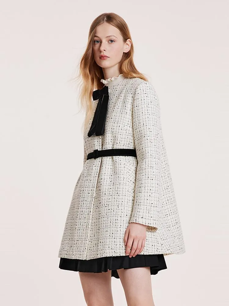 Mid-Length Tweed Coat With Bowknot And Belt