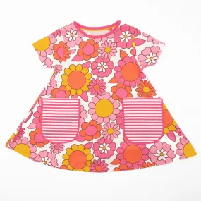 Mini Boden Girls Pink Floral Cotton Jersey Short Sleeve Pockets Dresses