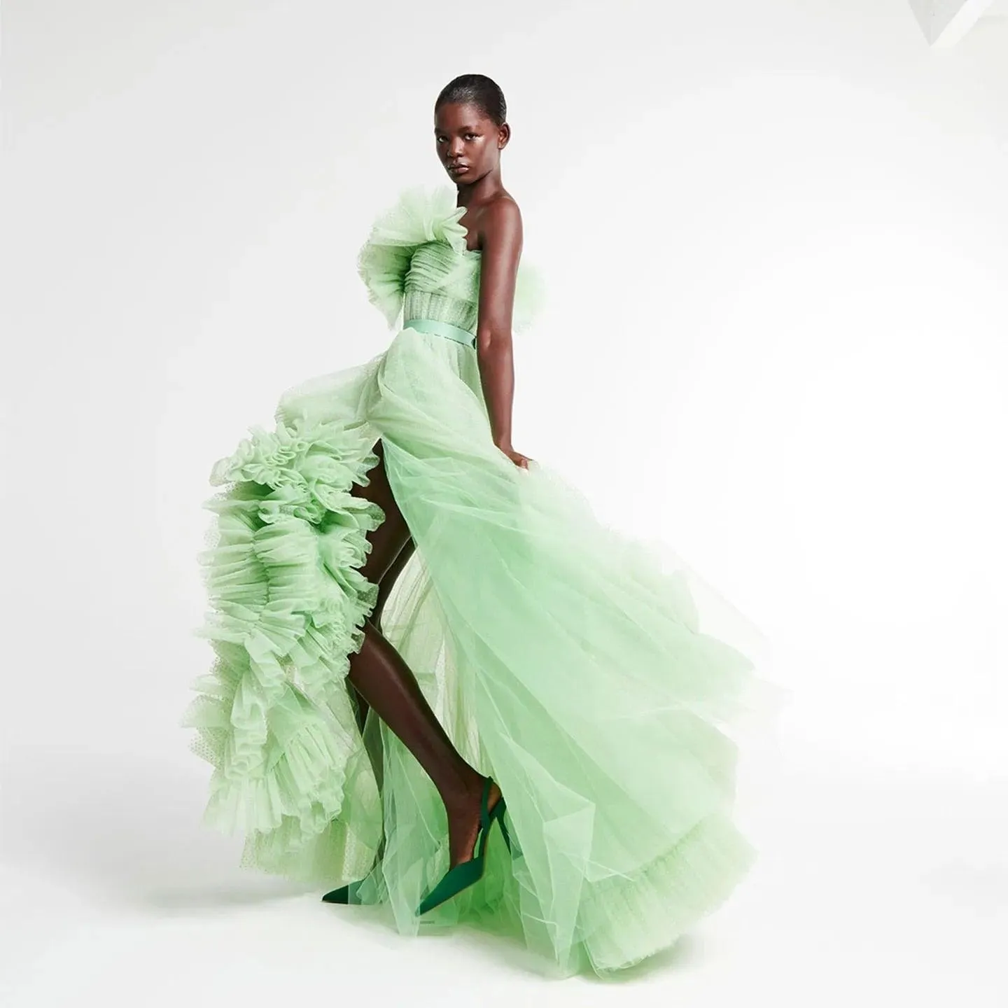 Mini Green Dot Tulle Split Corset Long Maxi Gowns