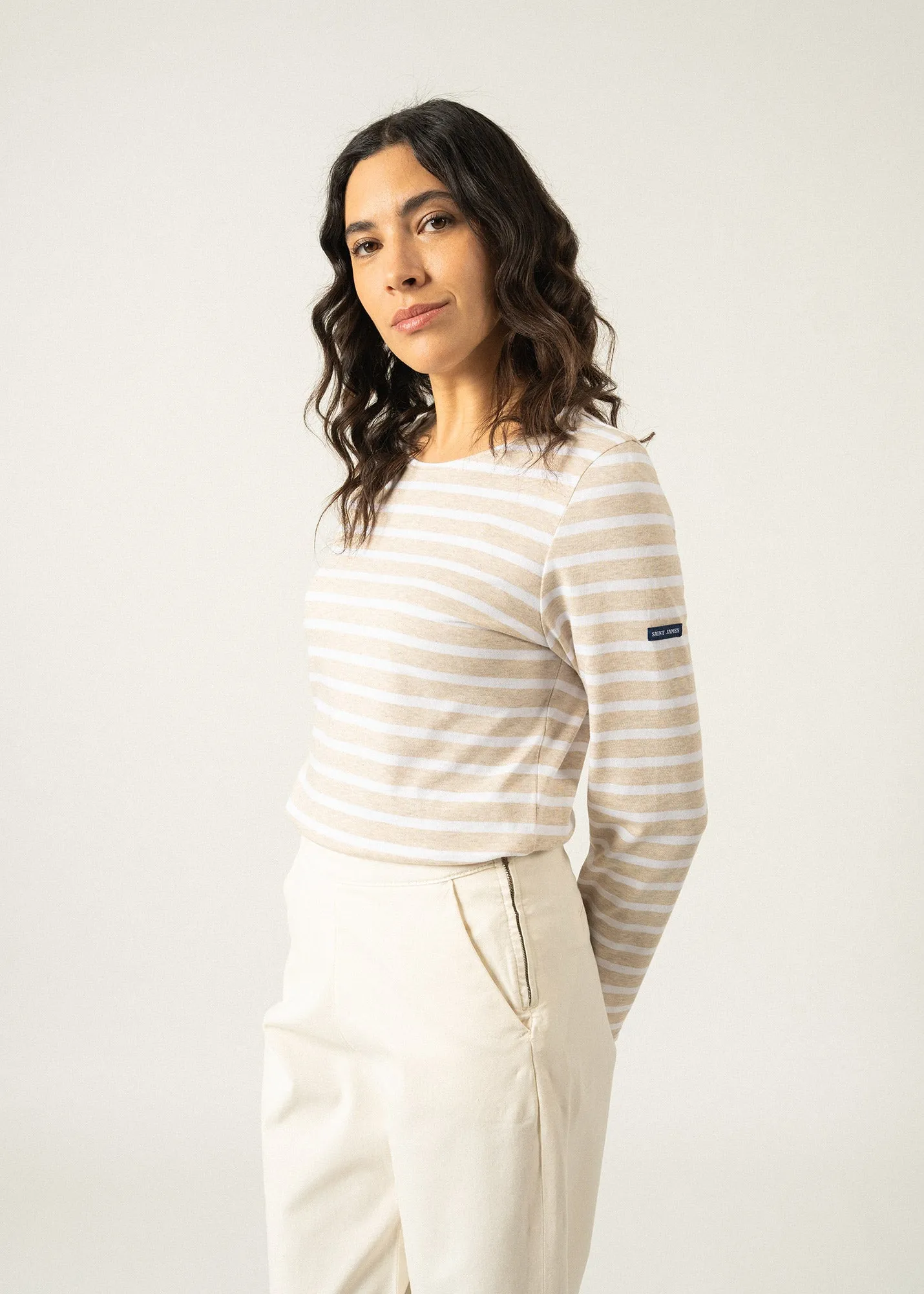 MINQUIDAME - Breton Striped Shirt with Long Sleeve | Soft Cotton | Women Fit (OATMEAL / WHITE)