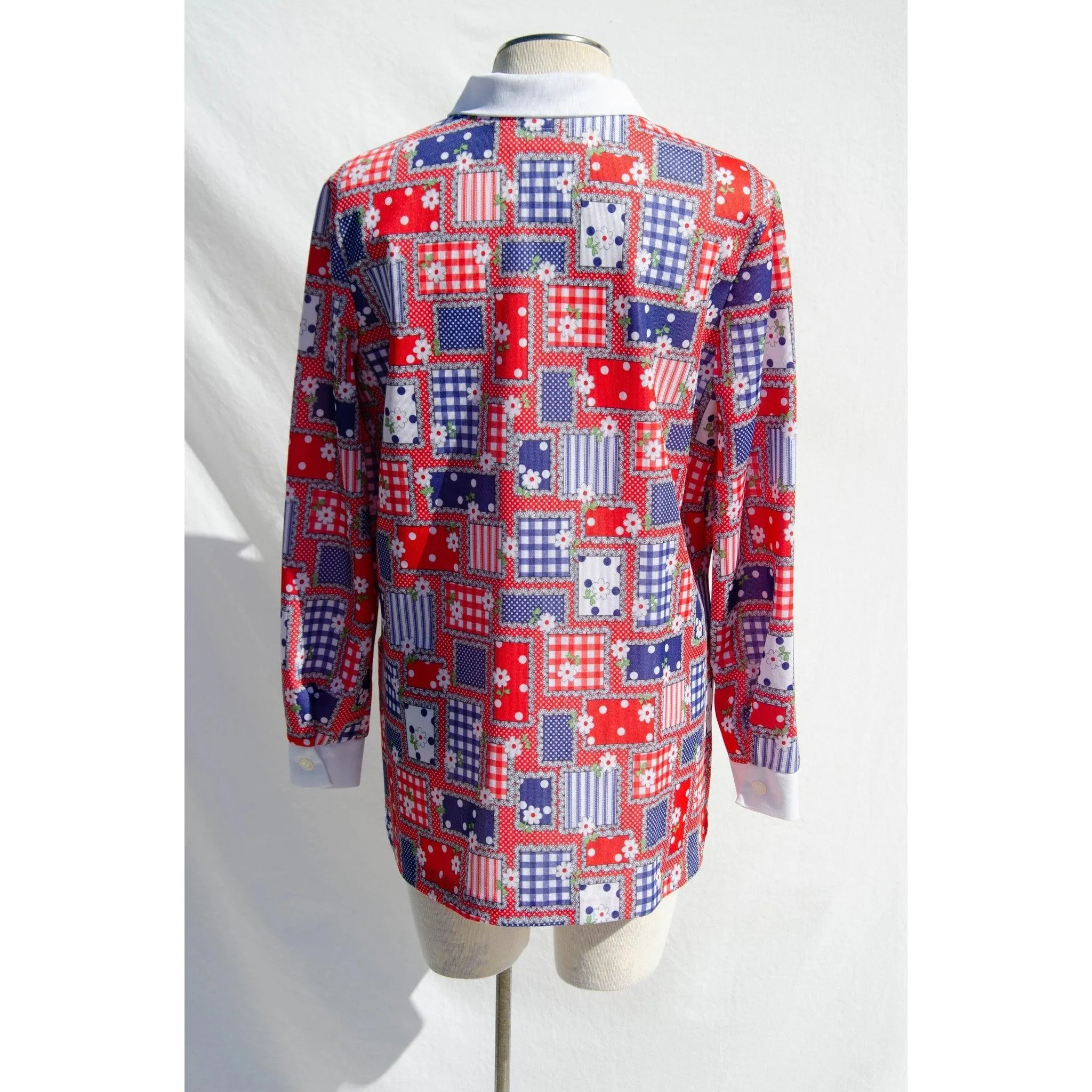 MISTER TRIO Red & Blue Daisy Long Sleeve Shirt | Size XL