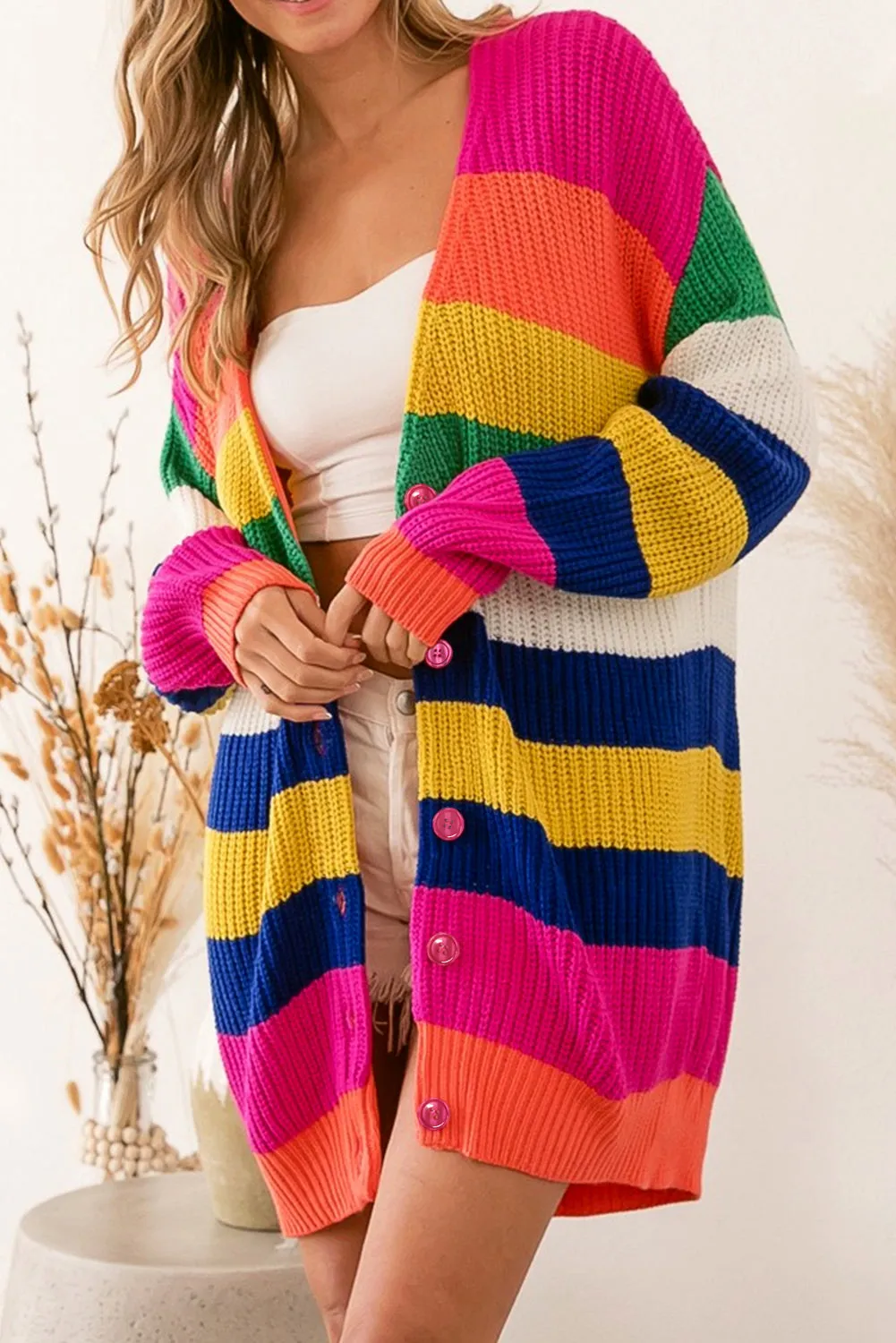 Multicolor Striped Print Longline Cardigan