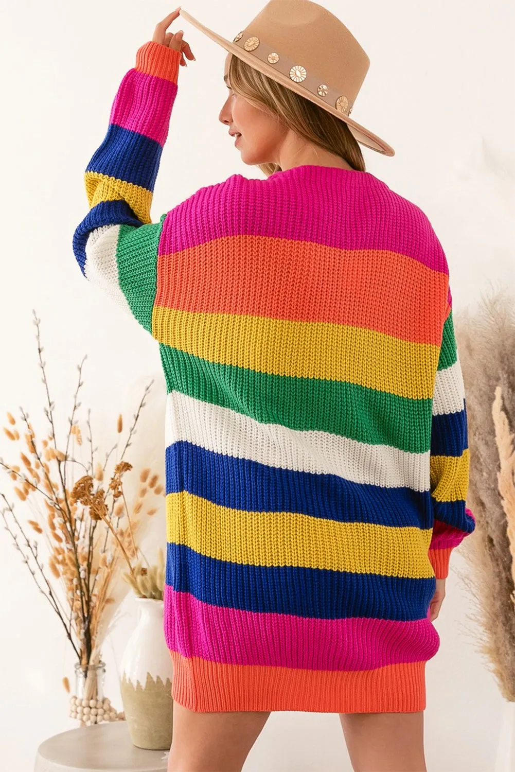 Multicolor Striped Print Longline Cardigan