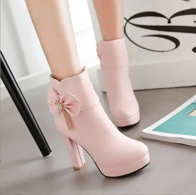 New Fashion Soft Leather Women Ankle Boots High Heels bowknot Zipper Shoes Warm Wool Winter Boots for Women Shoes bowknot Boots