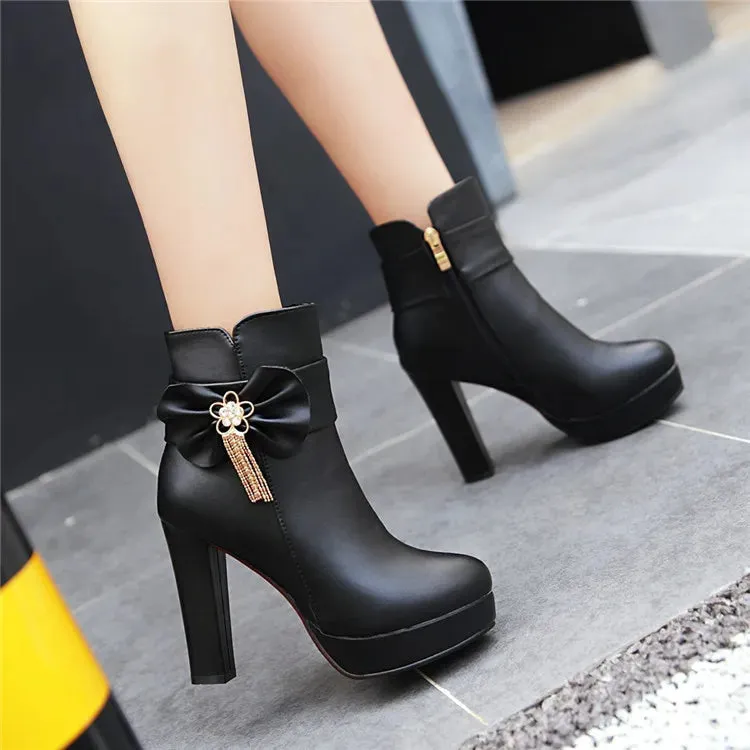 New Fashion Soft Leather Women Ankle Boots High Heels bowknot Zipper Shoes Warm Wool Winter Boots for Women Shoes bowknot Boots