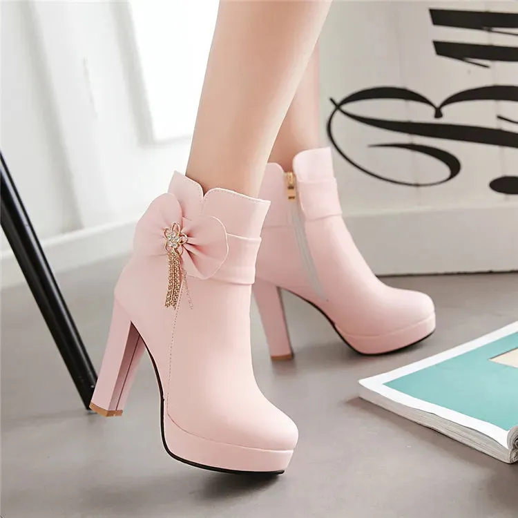 New Fashion Soft Leather Women Ankle Boots High Heels bowknot Zipper Shoes Warm Wool Winter Boots for Women Shoes bowknot Boots