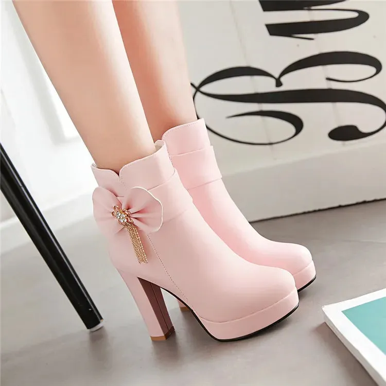 New Fashion Soft Leather Women Ankle Boots High Heels bowknot Zipper Shoes Warm Wool Winter Boots for Women Shoes bowknot Boots