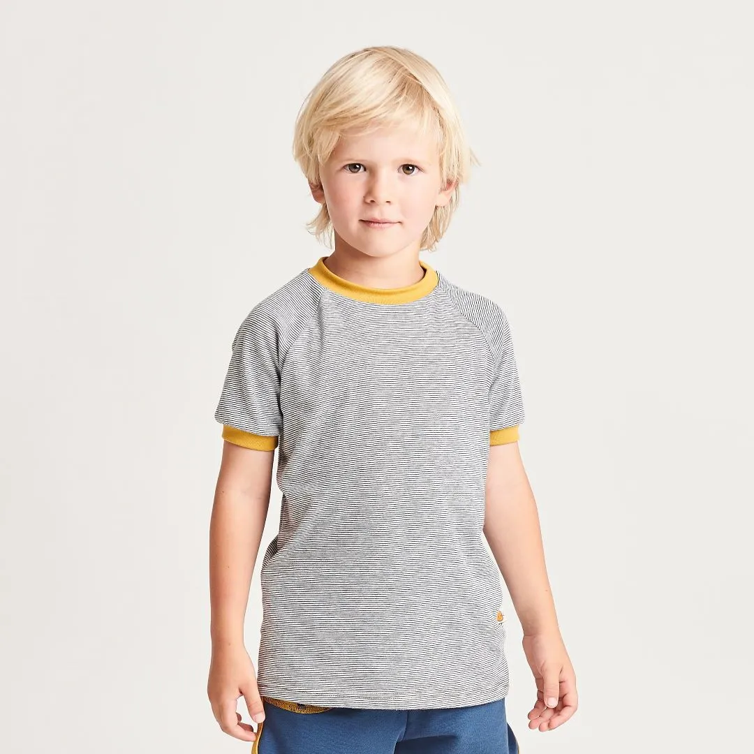 Organic cotton boys t-shirt "White-Navy Stripes|Ochre" mad from 95% organic cotton and 5% elasthane