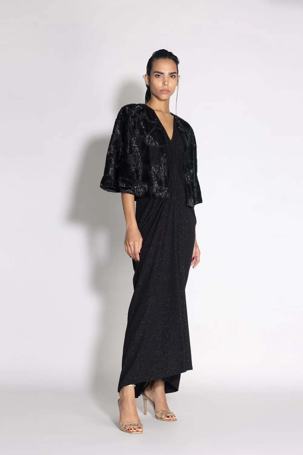 Pleated Dress with Wave Cape